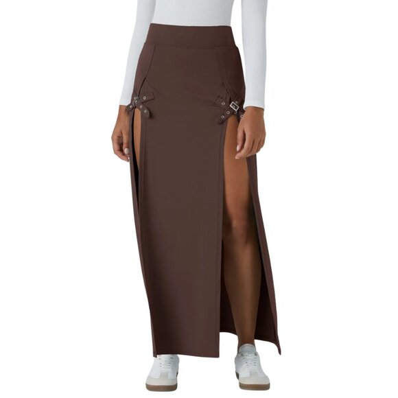HALARA High Waist 2 In 1 Split Brown Maxi Skort Skirt Buckle Size Large NWT - Picture 3 of 7
